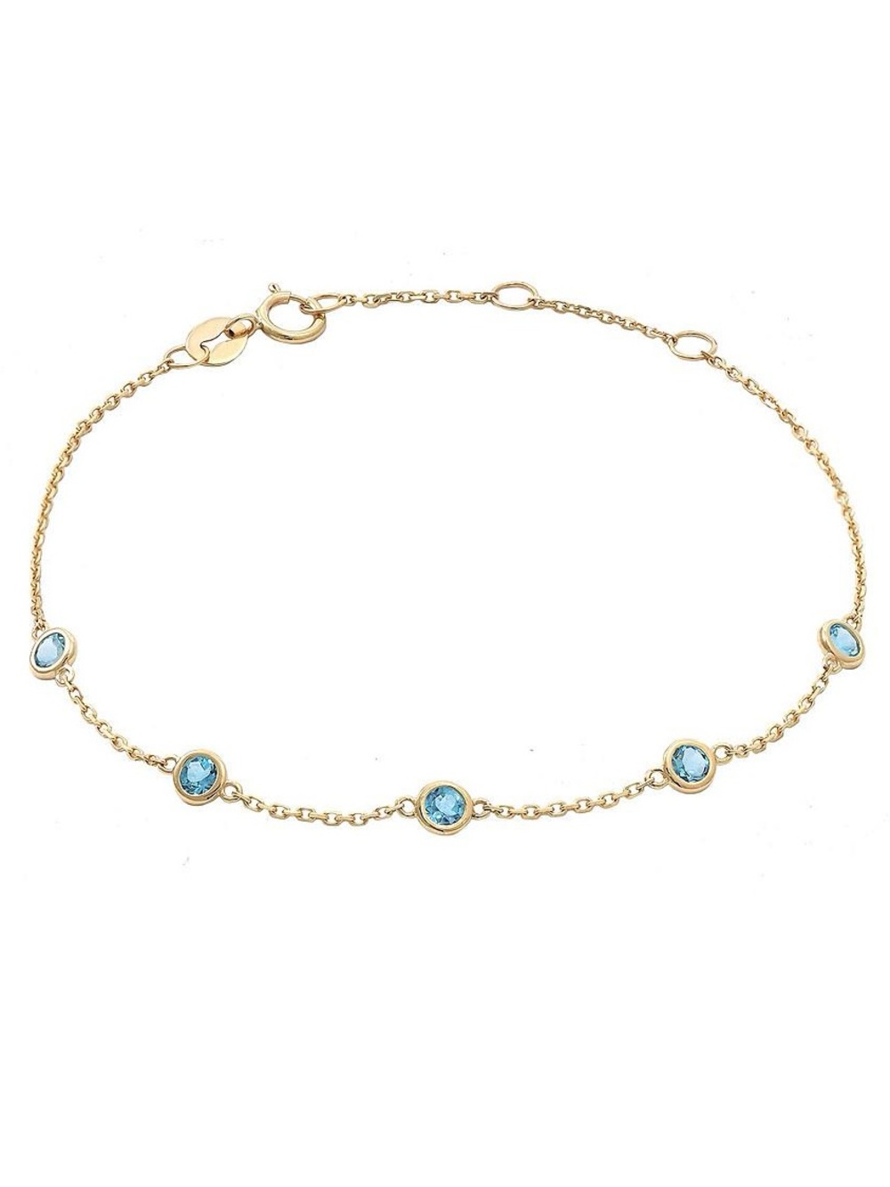 14K Real Yellow Gold Round Bezel Blue Topaz Bracelet 6.5-7"